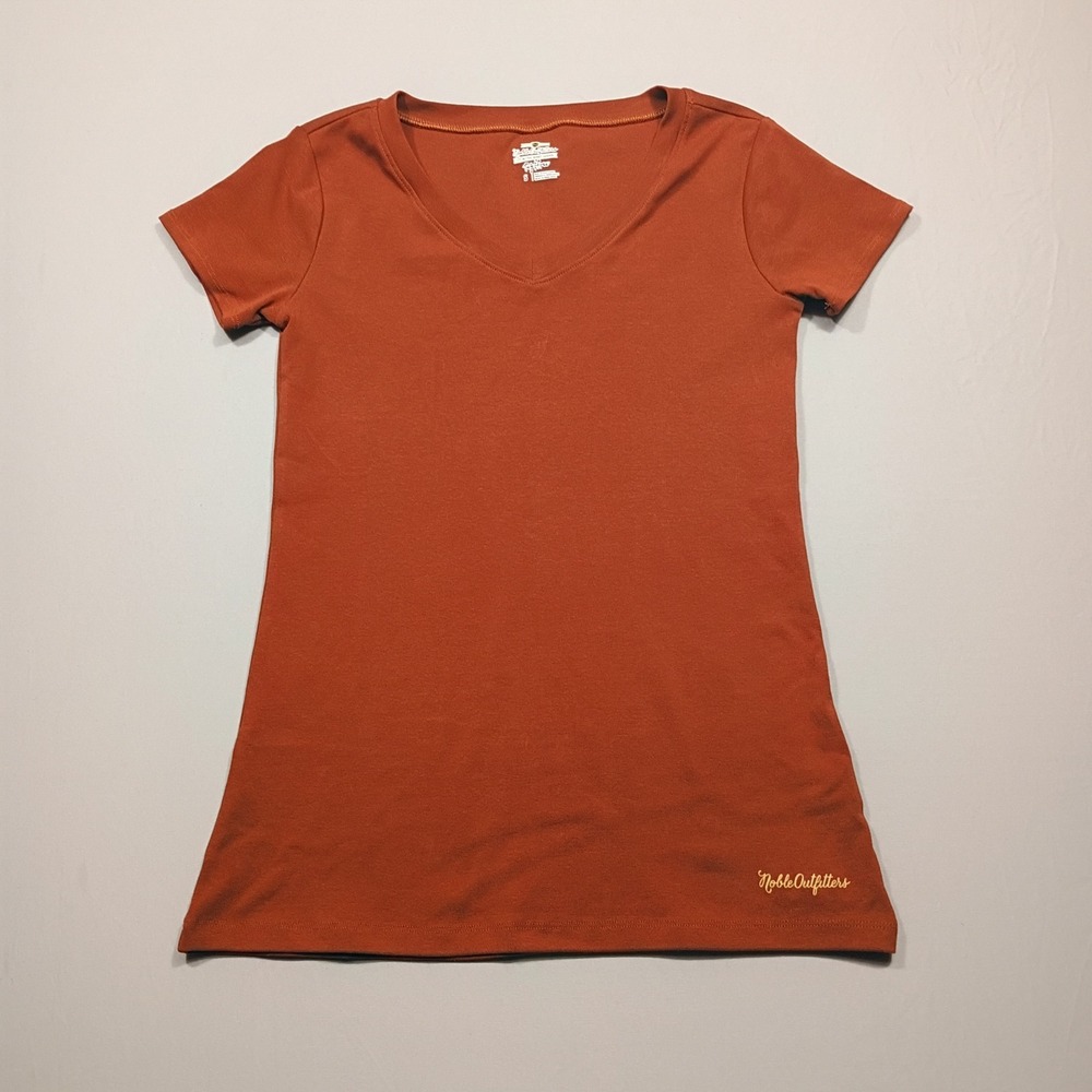 Noble Outfitters V-Neck T-Shirt Women S Short Sleeve Burnt Orange Cotton Stretch